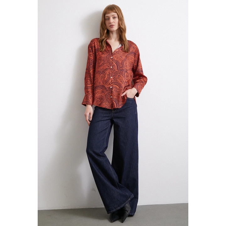 Desenli Gofret Saten Gömlek Turuncu