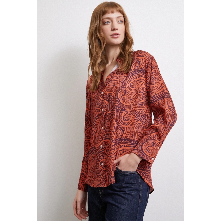 Desenli Gofret Saten Gömlek Turuncu