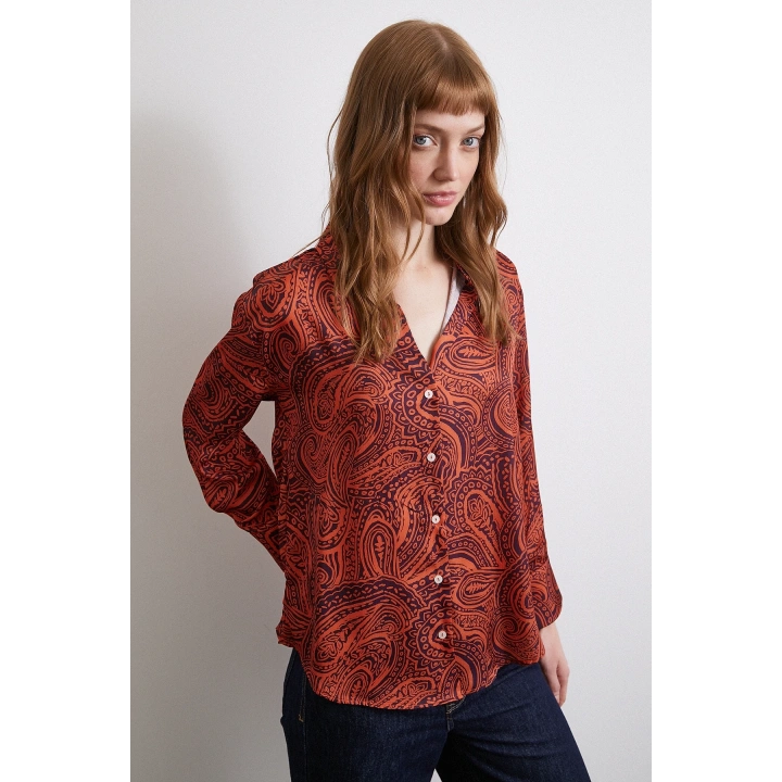 Desenli Gofret Saten Gömlek Turuncu