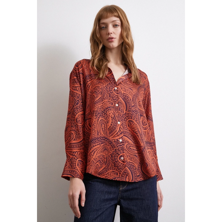 Desenli Gofret Saten Gömlek Turuncu