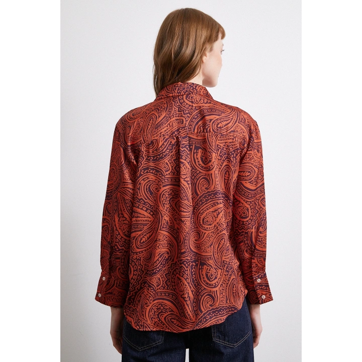 Desenli Gofret Saten Gömlek Turuncu