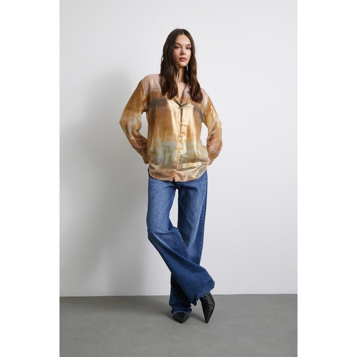 Desenli Krinkıl Gömlek Haki