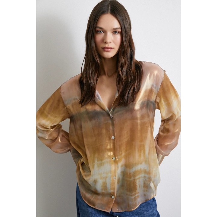 Desenli Krinkıl Gömlek Haki