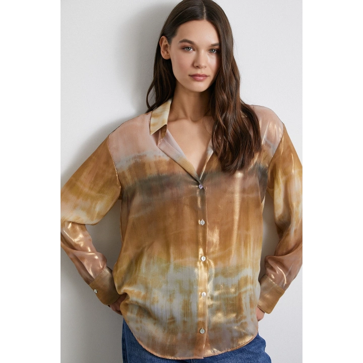 Desenli Krinkıl Gömlek Haki