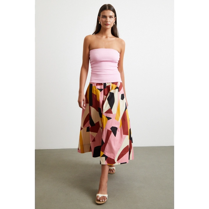 Desenli Midi Etek Pembe