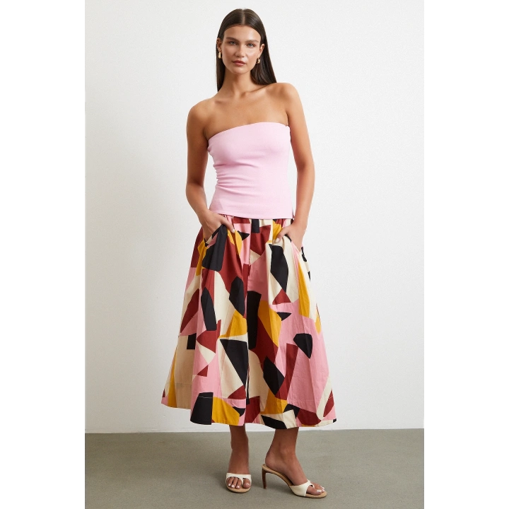 Desenli Midi Etek Pembe