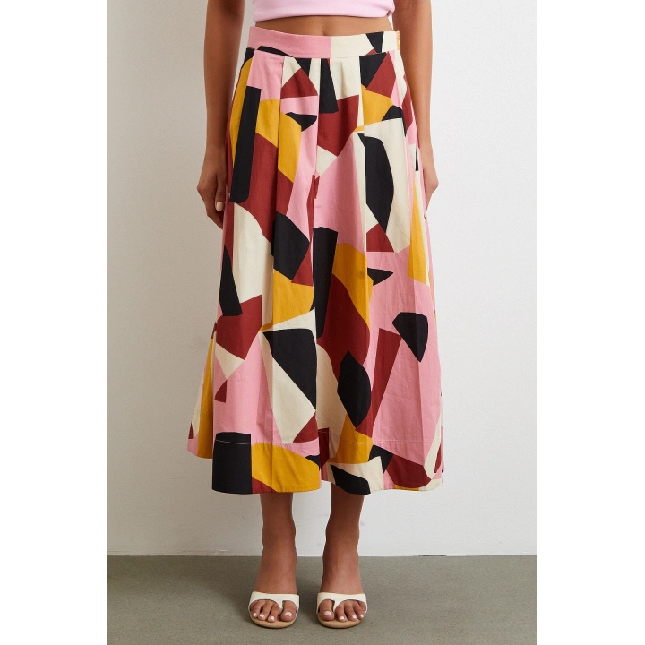 Desenli Midi Etek Pembe