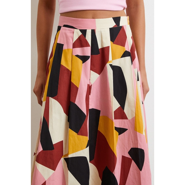 Desenli Midi Etek Pembe