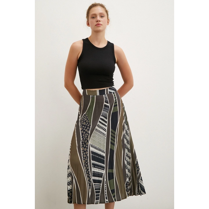 Desenli Piliseli Etek Haki