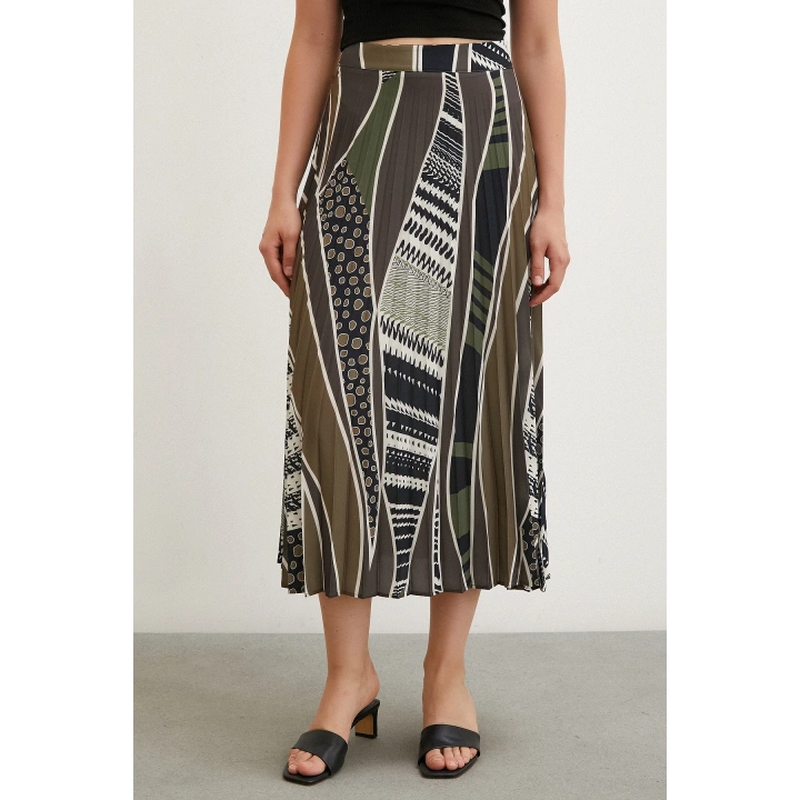 Desenli Piliseli Etek Haki