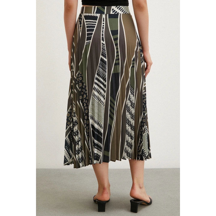 Desenli Piliseli Etek Haki