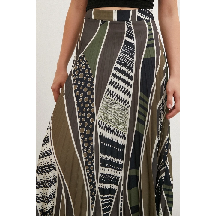 Desenli Piliseli Etek Haki