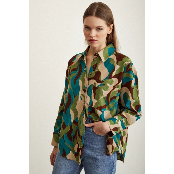 Desenli Poplin Gömlek Bej