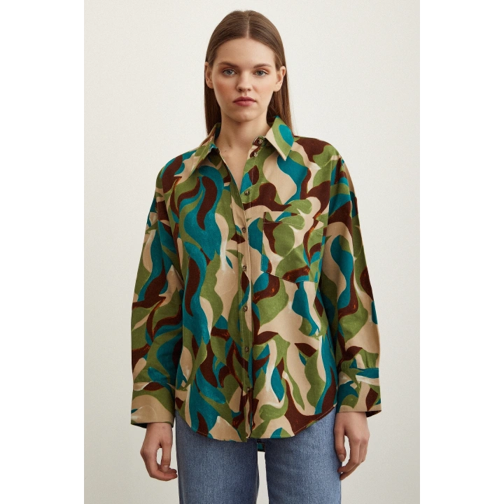 Desenli Poplin Gömlek Bej