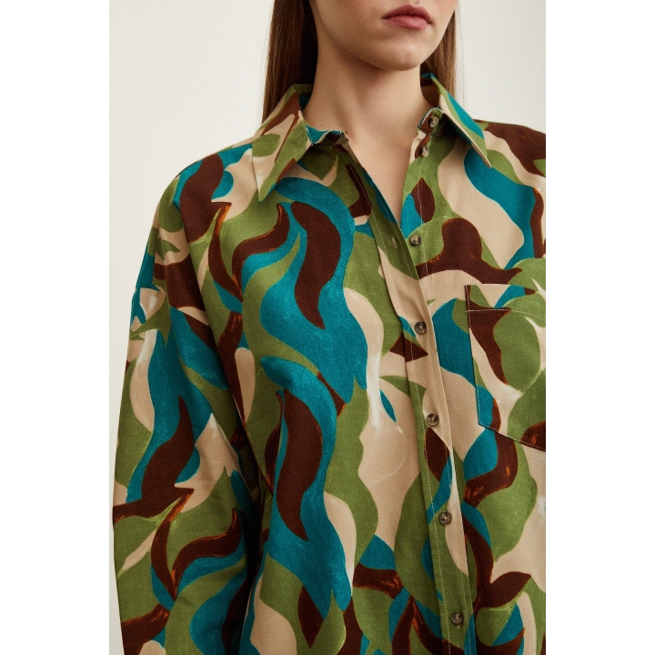 Desenli Poplin Gömlek Bej