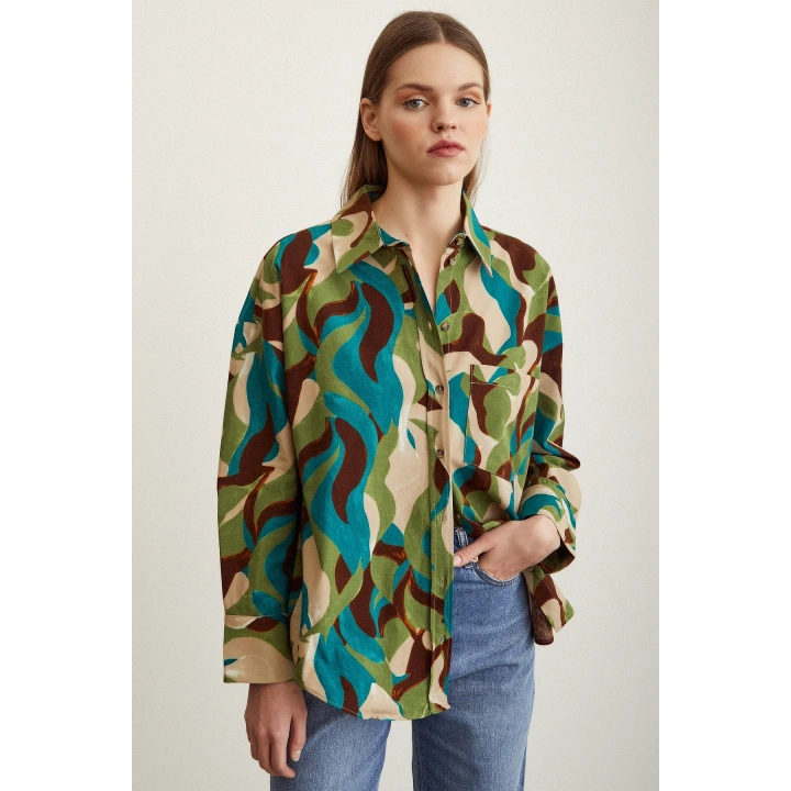 Desenli Poplin Gömlek Bej