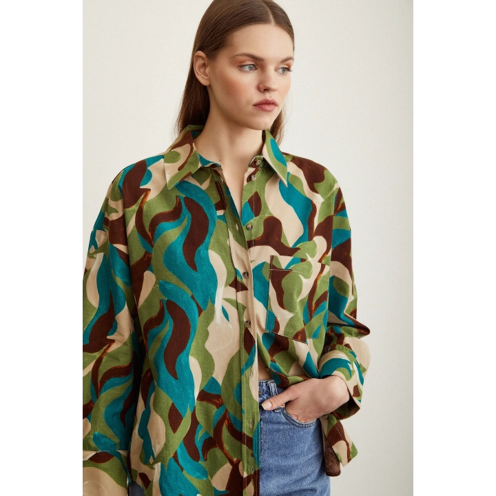 Desenli Poplin Gömlek Bej