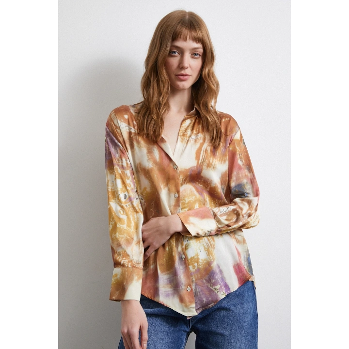 Desenli Saten Gömlek Lila