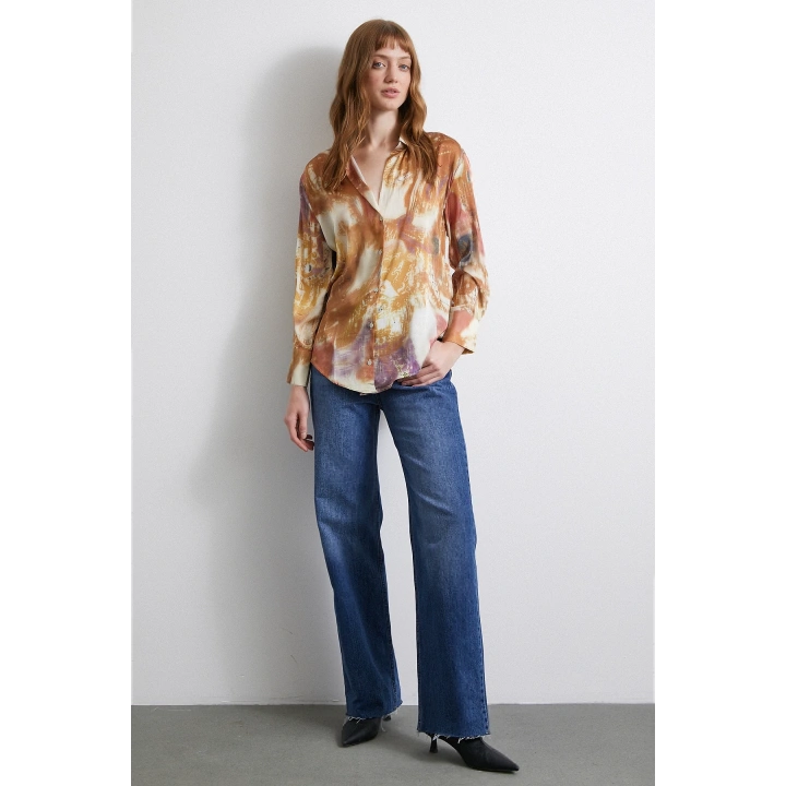 Desenli Saten Gömlek Lila