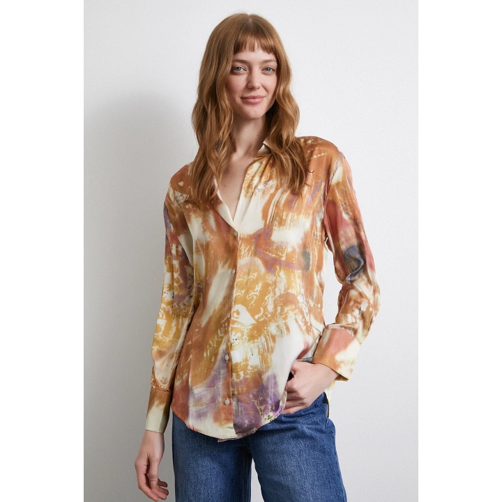 Desenli Saten Gömlek Lila