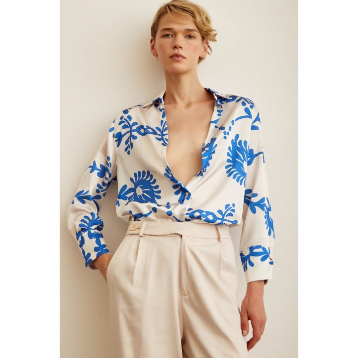 Desenli  Saten Gömlek Mavi