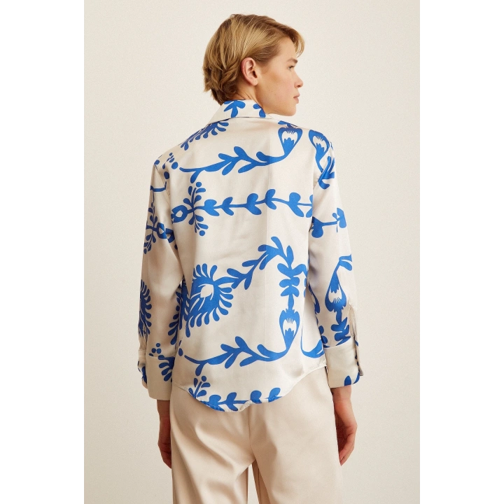 Desenli  Saten Gömlek Mavi