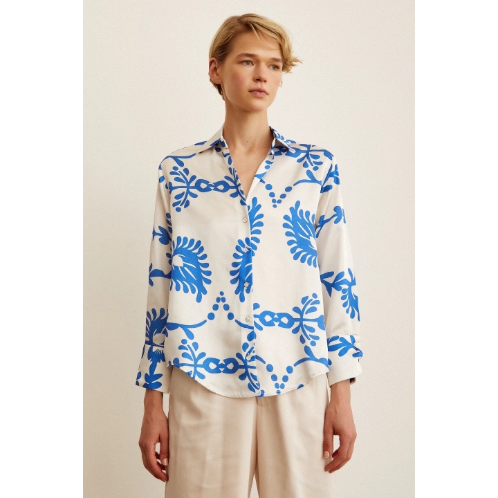 Desenli  Saten Gömlek Mavi