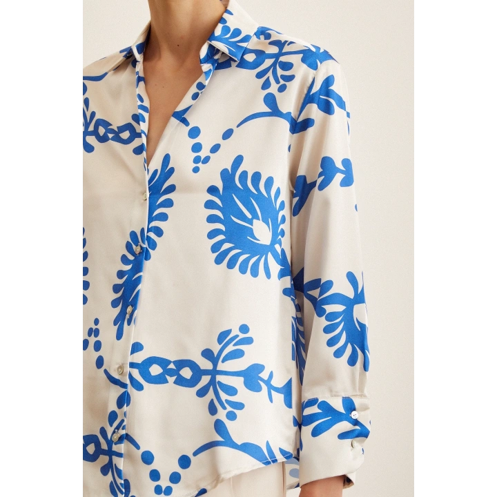 Desenli  Saten Gömlek Mavi