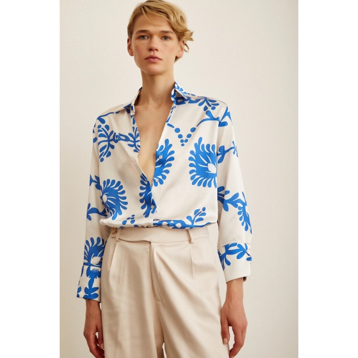 Desenli  Saten Gömlek Mavi