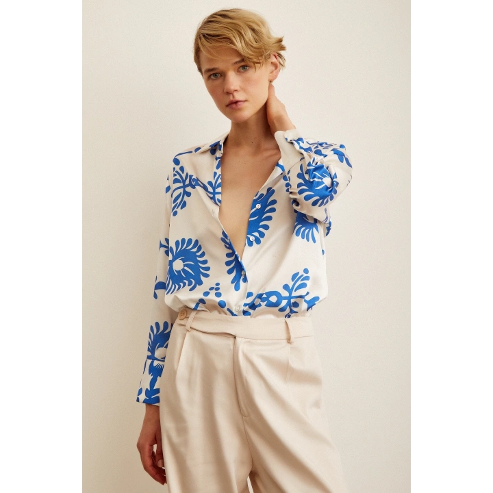 Desenli  Saten Gömlek Mavi