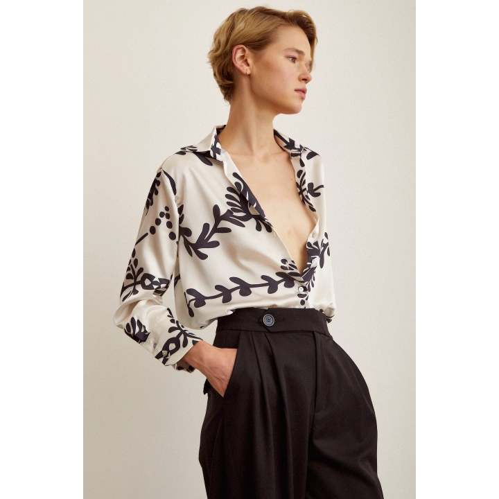 Desenli  Saten Gömlek Siyah