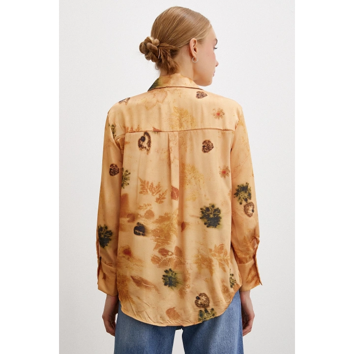 Desenli Saten Gömlek Somon