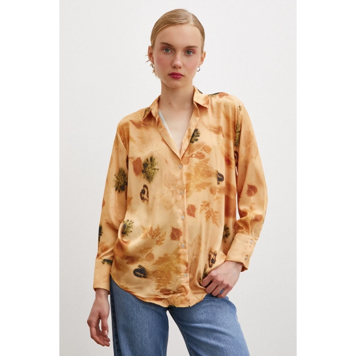 Desenli Saten Gömlek Somon