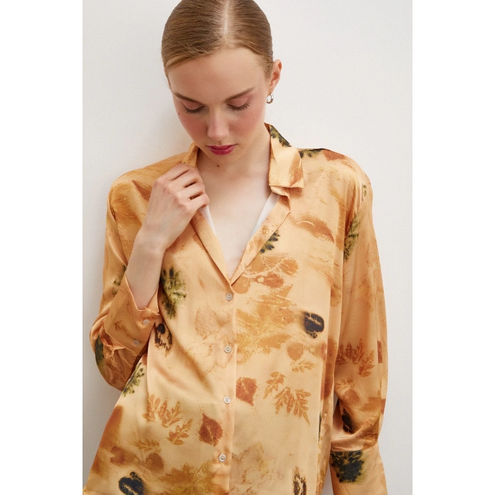 Desenli Saten Gömlek Somon