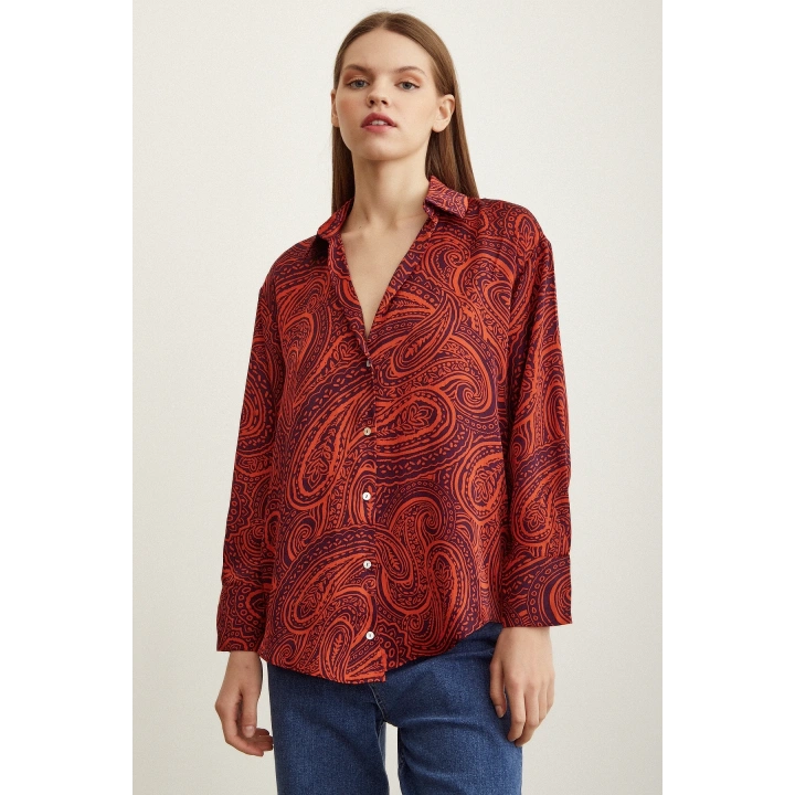 Desenli Saten Gömlek Turuncu