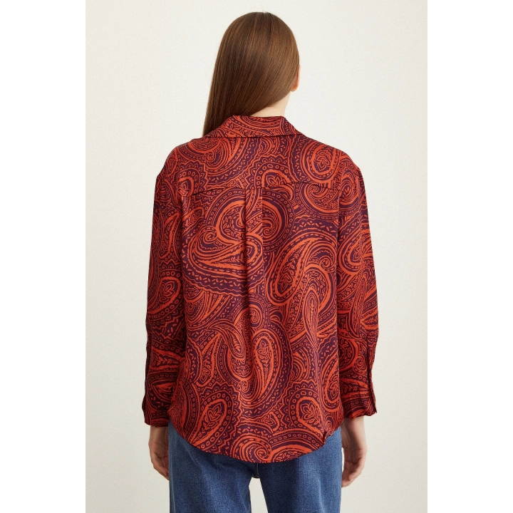 Desenli Saten Gömlek Turuncu