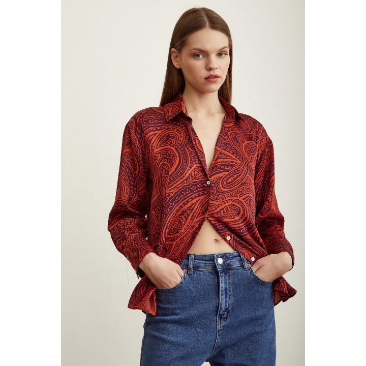 Desenli Saten Gömlek Turuncu