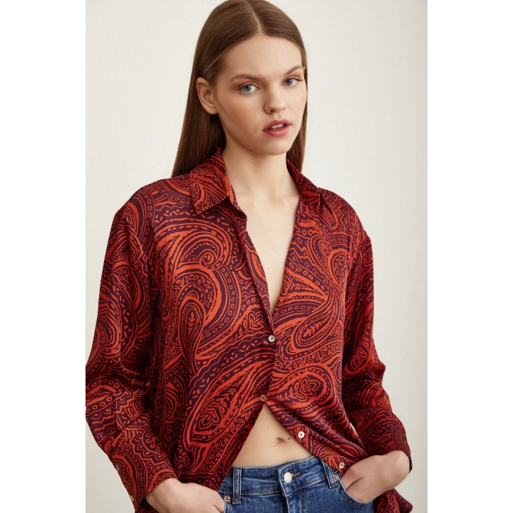 Desenli Saten Gömlek Turuncu