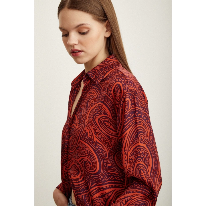 Desenli Saten Gömlek Turuncu