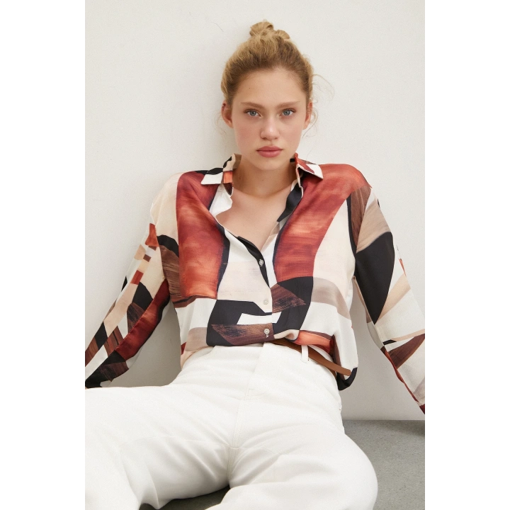 Desenli V Yaka Gömlek Kahve