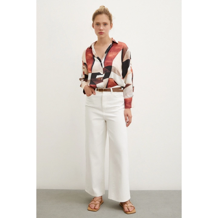 Desenli V Yaka Gömlek Kahve