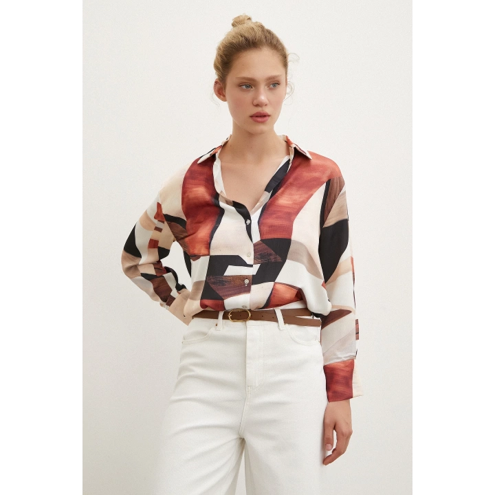 Desenli V Yaka Gömlek Kahve