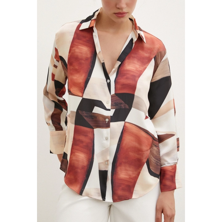 Desenli V Yaka Gömlek Kahve