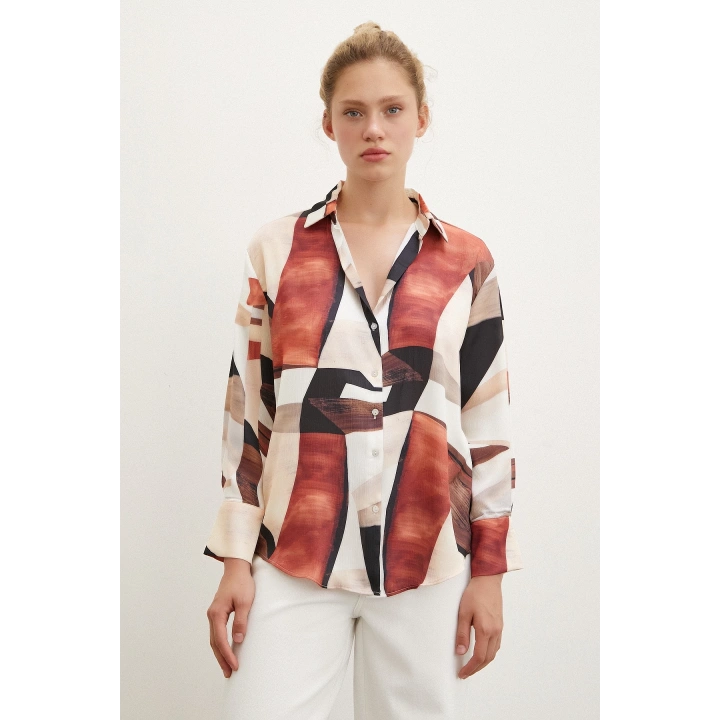 Desenli V Yaka Gömlek Kahve