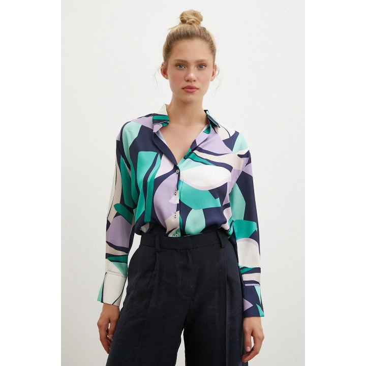 Desenli V Yaka Gömlek Mor