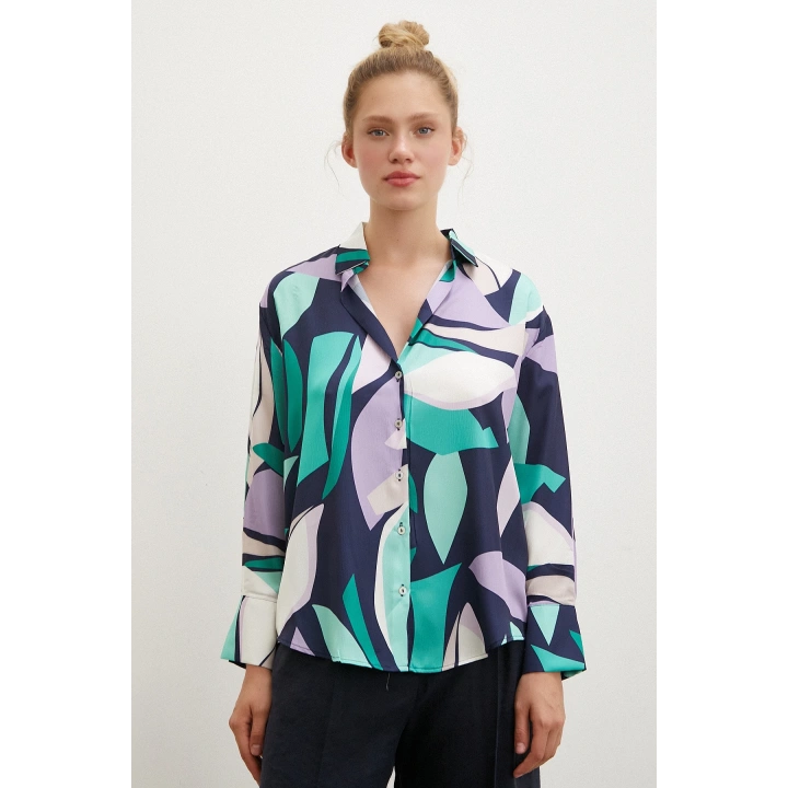 Desenli V Yaka Gömlek Mor