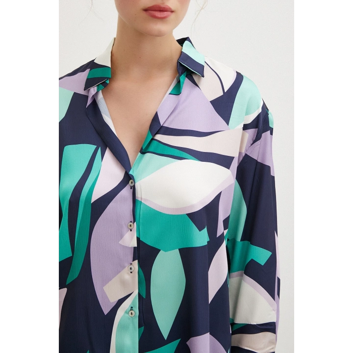 Desenli V Yaka Gömlek Mor