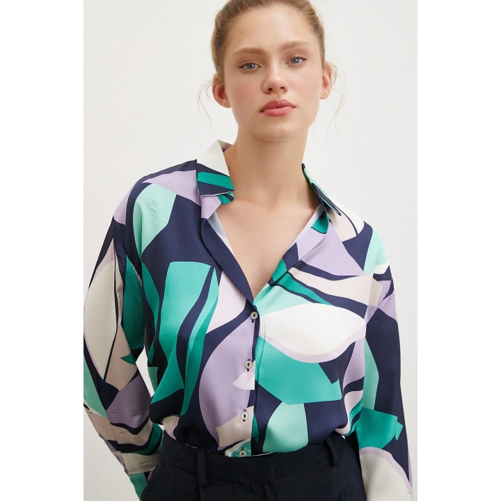 Desenli V Yaka Gömlek Mor