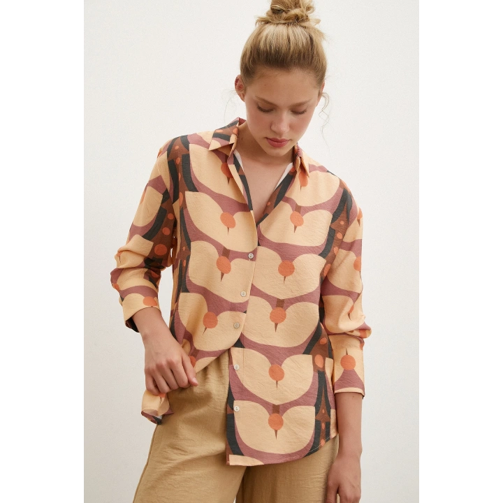 Desenli V Yaka Modal Gömlek Camel