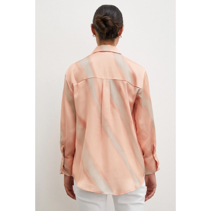 Desenli V Yaka Saten Gömlek Somon